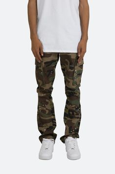 Bootcut Cargo Pants - Camo | mnml | shop now Streetwear Combat Bottoms With Straight Leg, Combat Straight Leg Bottoms For Streetwear, Combat Style Straight Leg Streetwear Bottoms, Combat Style Straight Leg Bottoms For Streetwear, Cotton Combat Cargo Jeans With Straight Leg, Straight Leg Combat Pants For Streetwear, Combat Style Straight Leg Pants For Streetwear, Casual Camouflage Cargo Jeans, Straight Leg Military Cargo Jeans For Streetwear