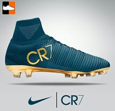 a pair of blue and gold soccer cleats with the cr7 logo on it