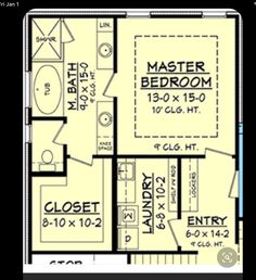 the floor plan for a small house with two master suites and an attached bathroom area