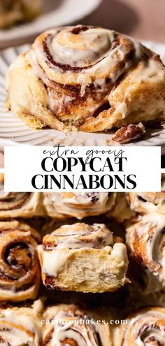 cinnamon rolls are stacked on top of each other with the words copycat cinnamons above them