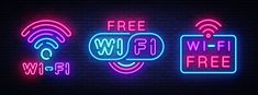 three neon signs that say free wifi and 3g