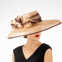 Sophisticated ladies Kentucky Derby hat in neutral tan. This beautiful hat will complement almost any outfit. Also available in pink. Chic Hat With Structured Crown, Fitted Brown Hat For Kentucky Derby, Brown Formal Boater Hat With Curved Brim, Formal Brown Boater Hat With Curved Brim, Chic Fitted Hat With Structured Crown, Fitted Beige Fedora Hat, Beige Fedora Hat For Formal Occasions, Fitted Brown Boater Hat For Kentucky Derby, Beige Fitted Fedora Hat