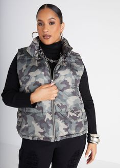 Upgrade your outerwear with this camo print woven puffer vest, designed to blend rugged style with cozy warmth. Featuring two welt pockets at the sides for added convenience, this vest is perfect for on-the-go adventures. Fall Outdoor Vest With Side Pockets, Fall Vest With Side Pockets For Outdoor Activities, Fall Streetwear Vest With Side Pockets, Outdoor Military Vest For Fall, Military Style Outdoor Vest For Fall, Fall Outdoor Military Vest, Military Style Vest For Outdoor Fall Activities, Military Vest For Outdoor Activities In Fall, Military Vest For Fall Outdoor Activities