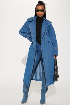 Follow Me Denim Trench - Medium Wash Coated Jeans Outfit, No Hard Feelings, Outfits Con Jeans, Fashion Nova Jackets, Coats Fashion, Trench Coat Outfit, Denim Trench Coat, Denim Skirt Women, Trench Jacket