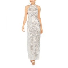 Evening Gown / Maxi Dress Silver Sequined Lined Dress New With Tags Mexican Silver Dress For 25th Wedding Anniversary, Silver Sequin Mother Of The Bride Dress, Silver Dresses, Floral Print Gowns, Halter Evening Dress, Maxi Evening Dress, Mother Of Groom, Evening Dress Collection, Mother Of Groom Dresses