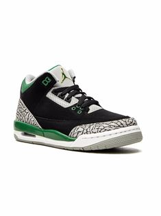 Black/green/white/grey leather/suede Air Jordan 3 Retro "Pine Green" sneakers from Jordan Kids featuring signature Jumpman motif, contrasting panel detail, round toe, front lace-up fastening, logo-embroidered tongue, branded insole and rubber sole. These styles are supplied by a premium sneaker marketplace. Stocking only the most sought-after footwear, they source and curate some of the most hard to find sneakers from around the world.. | Jordan Kids Air Jordan 3 Retro "Pine Green" sneakers Green Basketball Shoes With Boost Midsole For Streetwear, Green Basketball Shoes With Rubber Sole For Streetwear, Green Basketball Shoes For Streetwear, Green Sporty Basketball Shoes For Streetwear, Sporty Green Basketball Shoes For Streetwear, Green Jordan Shoes With Rubber Sole For Sports, Green Skate Shoes With Boost Midsole For Streetwear, Green High-top Basketball Shoes For Streetwear, Green High-top Custom Sneakers For Streetwear