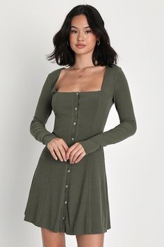 Simply Favored Olive Green Ribbed Long Sleeve Mini Dress Winter Dress Outfit Dressy, Long Winter Dresses, Long Sleeve Ruffle Dress, Outfits Dressy, Dress With Stockings, Olive Green Dresses, Dresses Casual Fall, Winter Dress Outfits, Ribbed Dress