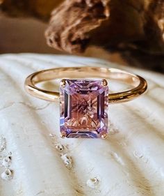 14k Rose De France Amethyst Ring Emerald Cut Amethyst Ring | Etsy Amethyst Wedding, Ring Emerald Cut, Lavender Amethyst, Bling Ring, Amethyst Ring Engagement, Green Amethyst Ring, Future Engagement Rings, Moissanite Engagement Ring Oval, Solitaire Rings