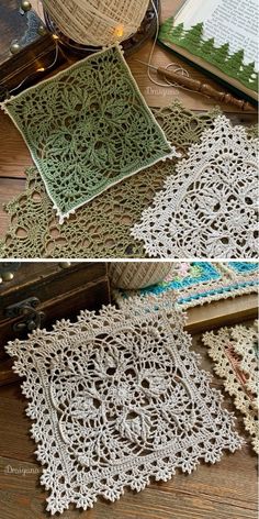 crocheted doily is laying on the floor next to an open book