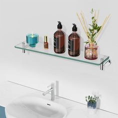 a bathroom shelf with soap, lotion bottles and plants on the ledge above it