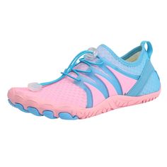 a woman's pink and blue athletic shoe