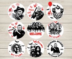 halloween themed stickers are arranged on a wooden surface, including the words welcome to witches and clowns