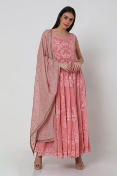 Pink anarkali with mesh of floral motifs, embroidered scallop detail hem and in-seam lace detail. Comes with churidar and georgette dupatta.
Component: 3
Embroidered
Neckline: Round
Sleeve Length: Sleeveless
Fabric: Anarkali and Dupatta: Georgette; Churidar: Power Net
Color: Pink
Tie-up back
 - Aza Fashions Semi-stitched Bollywood Lace Salwar Kameez, Unstitched Anarkali Set With Intricate Embroidery, Designer Anarkali Set With Intricate Embroidery In Georgette, Anarkali Set With Intricate Embroidery In Georgette, Reception Churidar With Intricate Embroidery In Georgette, Anarkali Churidar With Intricate Embroidery, Anarkali Set With Intricate Embroidery Maxi Length, Anarkali Set With Intricate Embroidery, Anarkali Style Sharara With Lace Work For Reception