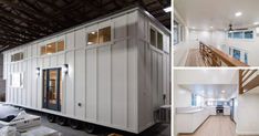 the inside of a house being built with white walls and wood flooring, along with pictures of kitchen and living areas