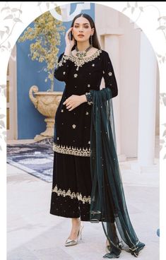 🌺Beautifull pure hand made customised outfit for wedding and party wear, We use high quality velvet fabric also organza and silk 🌺FABRIC:- black velvet kameez and palazo. 🌺PATTERN:- short kurta kameez and bottom palazo , dupatta net fabric 🌺WORK:- Light beige Golden Resham work embellished with shine zari, and sitara, work on the neck and fakir of the kameez and sleeves bottom, Palazo bottom worked with full beige gold Resham and zari work We customize the outfit according to your choice sha Elegant Palazzo Set For Wedding, Elegant Kundan Palazzo Set For Wedding, Elegant Gold Kundan Palazzo Set, Gold Semi-stitched Floor-length Palazzo Set, Gold Sharara With Dabka Detailing Floor-length, Gold Floor-length Sharara With Dabka, Designer Gold Velvet Dupatta, Gold Dabka Sharara Floor-length, Floor-length Gold Palazzo Set With Dabka Work