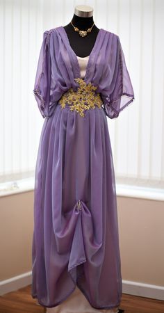 Custom Made in England Purple Dress With Gold Details - Etsy Elegant Purple Wedding Guest Gown, Elegant Purple Kaftan For Party, Elegant Purple Party Kaftan, Elegant Purple Evening Kaftan, Elegant Lavender Floor-length Gown, Elegant Purple Floor-length Kaftan, Elegant Floor-length Purple Kaftan, Lavender Floor-length Evening Dress For Wedding, Downton Abbey Dinner