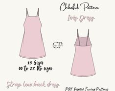 the front and back views of a pink dress, with measurements for each one piece