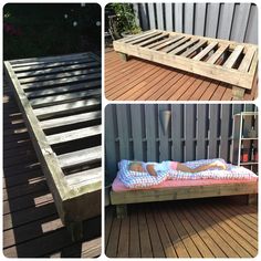 there are three different pictures of a bed made out of pallets and wooden slats