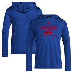 Step out in Kansas Jayhawks spirit with this 2024 Sideline T-shirt from adidas. It features a Kansas Jayhawks wordmark printed across the chest and an attached hood for extra coverage. Match the top Kansas Jayhawks players with this sleek shirt. University Of Kansas, Kansas Jayhawks, Adidas Shirt, Blue Adidas, Adidas Men, Kansas, Long Sleeve T Shirt, Colorful Shirts, Long Sleeve Tshirt