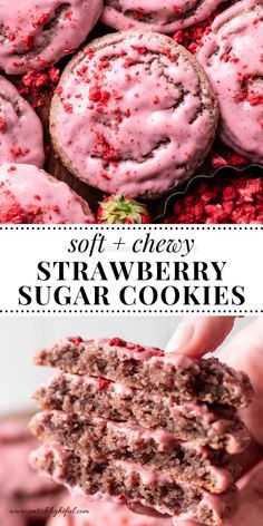 soft and chewy strawberry sugar cookies with pink frosting