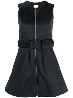 sleeveless zip-up mini dress from Patou featuring jet black, satin finish, round neck, sleeveless, front zip fastening, flared and belted waist. Satin Dress Short, Jean Patou, V Neck Midi Dress, Polyester Dress, Satin Dress, Cocktail Dress Party, Jet Black, Black Satin, Satin Dresses