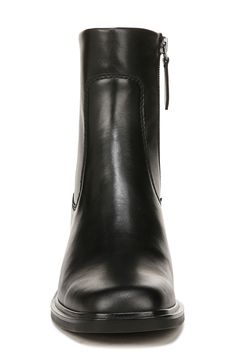 A chunky stacked heel and square toe frame this sleek leather side-zip boot with subtle Western-inspired stitching. 1 3/4" heel 6" shaft Leather and synthetic upper/synthetic lining and sole Imported Leather Square Toe Platform Boots With Zipper, Leather Mid-calf Boots With Block Heel And Zipper, Leather Moto Boots With Zipper For Workwear, Leather Moto Boots With Zipper Closure For Workwear, Leather Heeled Boots With Zipper And Square Toe, Leather Platform Boots With Zipper For Work, Leather Boots With Block Heel And Zipper Closure, Leather Boots With Zipper Closure And Block Heel, Side Zip Boots