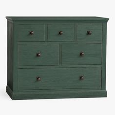 a green dresser with six drawers and four pulls on the bottom drawer, in front of a white background