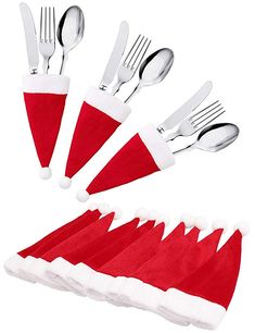 six red and white santa hats with silverware on them