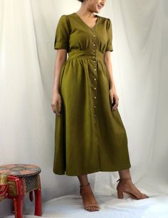 Olive linen maxi dress, Button down dress, Custom made, Made to order, Plus size-Model height: 5'3" wearing size S-Length: 46"-Fit: Comfortable-100% Cotton-Coconut Buttons**Note: Free Shipping time 15-21 days. Express Shipping time 5-7 days.** Wardrobe List, Simple Kurti, Bohemian Pants, Linen Tunic Dress, Simple Kurti Designs, White Linen Dresses, Hand Work Blouse, Hand Work Blouse Design, Linen Maxi Dress