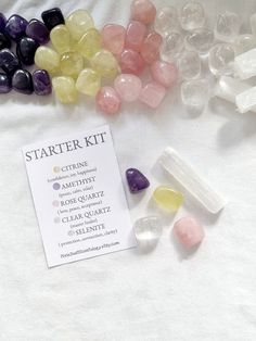 Crystals for Beginners The crystal in this set has been carefully selected to introduce you to crystals Along with the hand-selected crystals in a cotton pouch, you will receive a guidance card explaining the stones' meaning and properties.  Crystals are hand-selected. Each stone's unique shape, color, and size may not be identical to those in the photo. The set contains 5 tumbled stones. The 5 Crystals included are;  * Rose Quartz -  its ability to enhance love, positivity, self-empowerment, an Crystal Pop Up Shop, Starter Crystals, Crystals For Beginners, Removing Negative Energy, Intention Setting, Spiritual Crystals, Cotton Pouch, Cute Wedding Ideas, Feeling Positive