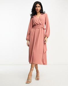 Dress by ASOS DESIGN The kind of dress that deserves attention Spread collar Wrap front Volume sleeves Tie waist Regular fit Glitter Outfits, Color Terracota, Volume Sleeves, Maxi Design, Dress With Tie, Pink Midi Dress, Sleeve Midi Dress, Long Sleeve Midi, Long Sleeve Midi Dress