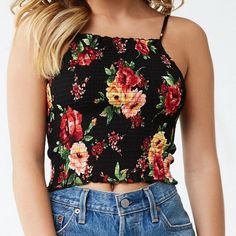 New With Tags Forever Smocked Floral Cami - Black Size: L A Woven Cami Featuring A Smocked Construction, An Allover Floral Print, Square Neck, Adjustable Cami Straps, And A Cropped Silhouette. Content + Care: - 100% Rayon - Hand Wash Cold #Nwt #Newwithtags #Forever21 #F21 #Cami #Floral #Black #Stretch #Stretchy #Tanktop #Tank #Floraltop #Floraltank Casual Fitted Smocked Top With Elastic Waistband, Fitted Casual Smocked Top With Elastic Waistband, Black Smocked Back Top For Summer, Black Smocked Top For Summer, Black Summer Smocked Top With Smocked Back, Casual Crop Top With Elastic Waistband, Fitted Black Smocked Top For Vacation, Casual Floral Print Smocked Top, Casual Tops With Elastic Waistband And Fitted Design