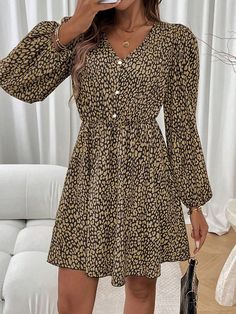 2024 Women Leopard Print V-Neck Lantern Sleeve Short Dress, Autumn/Winter New Arrival Brown Casual  Long Sleeve Woven Fabric All Over Print A Line Slight Stretch  Women Clothing, size features are:Bust: ,Length: ,Sleeve Length: Mens Plaid, Scarf Men, Dress For Short Women, Everyday Dresses, Lantern Sleeves, Plaid Scarf, Women Clothes Sale, All Fashion, Women Clothing