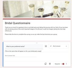 a screen shot of the bridal questionnaire page on facebook, with three champagne flutes