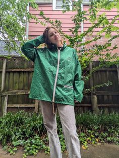 "1980 Italian Invitational Green Windbreaker Jacket. This jacket zips up the front with one zipper pocket on the front. There is a zipper on the neck that hides a hood. The waist can cinch with a drawstring. The brand is Rainbow Sportswear and it is in beautiful condition. I believe the the invitational referenced is the 1980 Italian Open. Size XL Chest: 54\" Waist: 54\" Sleeves: 38\" Length: 29.5\"" Vintage Green Windbreaker For Outdoors, Vintage Green Windbreaker For Outdoor, Utility Style Outdoor Windbreaker With Drawstring, Urban Style Windbreaker With Drawstring For Fall, Urban Windbreaker With Drawstring For Fall, Urban Style Fall Windbreaker With Drawstring, Long Sleeve Windbreaker With Zipper For Hiking, Utility Hooded Windbreaker With Drawstring, Long Sleeve Windbreaker For Hiking With Zipper Closure