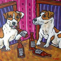 two dogs sitting at a table with bottles