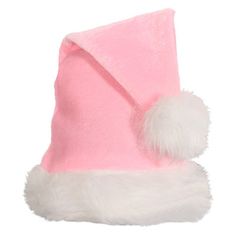 a pink and white santa hat with pom - poms on the top,