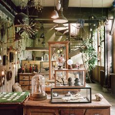 a room filled with lots of different types of items on top of a wooden table