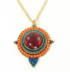 Add a pop of color with this boho, multicolor necklace. It features a bright, colorful pendant with a red stone in the center, tiny orange and green beads and three turquoise rhinestone accents. Pendant is 1 7/16 inches long. Necklace chain - 16, 18, 20, 22, 24, 26, 28 or 30 inches long. See all photos for size reference. Stones are acrylic and glass. All metal is gold plated. ---------------------------------- I designed this necklace and will make one just for you. It will ship in a cotton fil Red Gold Necklace, Multicolor Necklace, Unique Pendant Necklace, Colorful Necklace, Red Boho, Green Beads, Necklace Boho, Colourful Necklace, Unique Pendant