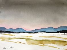 a watercolor painting of mountains in the distance