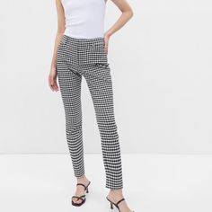 Mid Rise Bi-Stretch Gingham Print Pant Slim Leg / Fitted Through Hip And Thigh Stretch Twill Weave Hook And Bar Closure With Zip Fly Front Slant Pockets, Rear Welt Pockets Fitted Bottoms With Houndstooth Pattern, Fitted Tapered Leg Pants With Houndstooth Pattern, Fitted Houndstooth Tapered Leg Bottoms, Chic Stretch Houndstooth Bottoms, Chic Fitted Houndstooth Pattern Bottoms, Chic Fitted Gingham Bottoms, Fitted Gingham High-waisted Pants, White Houndstooth Bottoms For Work, White Chic Bottoms With Houndstooth Pattern