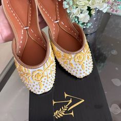 Agha Noor Khussa/ Shoes Yellow And White Brand New, Never Worn. It’s Pk Size 38. Would Be A Us Size 7 Or 7.5 Yellow Pointed Toe Flats For Summer, Yellow Heels For Summer Wedding, Yellow Summer Heels For Wedding, Yellow Summer Wedding Heels, Yellow Round Toe Heels For Wedding, Casual Yellow Heels With Pointed Toe, Casual Yellow Pointed Toe Heels, Yellow Slip-on Flats For Summer, Casual Yellow Closed Toe Flats