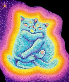 two cats hugging each other in front of a colorful background with stars and the moon