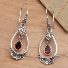 Sterling Silver Garnet Earrings with Gold Accents - Victoriana | NOVICA Garnet Earrings Silver, Silver Ear Cuff Earrings, Diy Jewelry Rings, Silver Chandelier Earrings, Classic Earrings, Heart Dangle Earrings, Gemstone Stud Earrings, Garnet Jewelry, Onyx Earrings