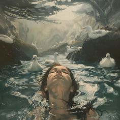 a painting of a woman swimming in the water surrounded by white swans and ducks, with her eyes closed