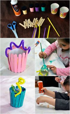 there are several pictures of different things made out of plastic straws and paper cups