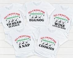 Get into the Christmas spirit with these fun and festive personalized Christmas shirts! Customize to create the perfect All I want for Christmas Shirt for each family member-- Dance with Santa, Drink all the wine, Be Bossy, or Be Sarcastic designs to match each family member's personality. These matching family Christmas t-shirts are perfect for holiday gatherings, cozy days at home, or Christmas photos. Spread holiday cheer with these playful and colorful elf-themed shirts! Each shirt is sold separately.  For a more generously oversized appearance, we recommend sizing up by 1 size from your usual size. To ensure the perfect fit for you, please refer to the product dimensions available in the photo section.  The designs might look smaller in print for smaller variants because our Mockups o Christmas White Tops With Funny Print, White Christmas Shirt With Letter Print, White Christmas Top With Funny Print, White Christmas Tops With Funny Print, White Top With Funny Christmas Print, White Christmas Letter Print Shirt, Funny White T-shirt For Holiday, White Pre-shrunk Christmas Tops, Funny White Christmas T-shirt