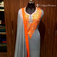 Women Suit #indianfashion #ethnic #indianwear #indianfashion #fashion #embroidered #embroidery #women #suit #salwarsuit #salwarkameez #kashmiri #embroidered #neck #cutdaana #grey #orange #aari #dress #wear #Designer Fitted Georgette Lehenga With Embroidered Border, Unstitched Chinon Kurta With Embroidered Border, Semi-stitched Chinon Kurta With Embroidered Border, Chanderi Churidar With Embroidered Border For Traditional Ceremonies, Fitted Anarkali Embroidered Fabric In Chinon, Fitted Anarkali Embroidered Chinon Fabric, Designer Art Silk Salwar Kameez With Intricate Embroidery, Unstitched Wedding Suit With Embroidered Border And Straight Kurta, Designer Unstitched Suit With Embroidered Border