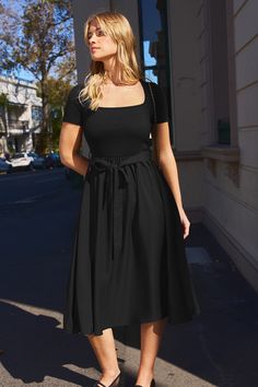 Looking for the perfect dress? The Black Square Neck Short Sleeve Midi Dress is your go-to! Its flattering neckline and comfortable short sleeves make it perfect for anyone who wants to look great without compromising on comfort! Product code: DAA05A4D004AA Features:  Knit Square neckline Short sleeve Waist tie Midi Material: 73%POLYESTER,23%RAYON,4%SPANDEX. Wedding Guest Dress Square Neck, Oni Clothes, Modest Black Dress, Function Dresses, Dress Square Neck, Short Sleeve Midi Dress, Square Neck Dress, Midi Short Sleeve Dress, Sleeve Midi Dress