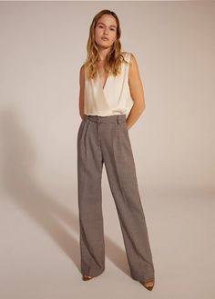 THE SLEEVELESS DATE BLOUSE | Favorite Daughter Sharon Horgan, Satin Bodysuit, Houndstooth Pants, Peacock Color, Loose Trousers, Favorite Daughter, Light Pink Color, Loose Pants, Denim Flares